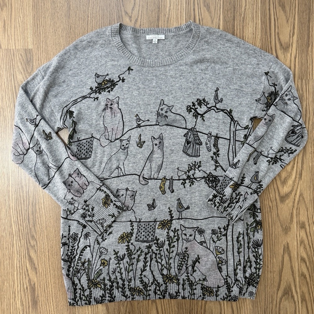 Catalog Favorites Sweater Womens Medium Gray Knit Cats Kittens Cute Wool Blend